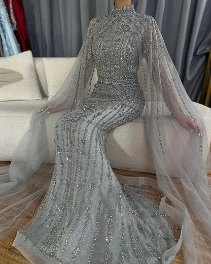 Muslim Nude Mermaid Cape Sleeves Pearls Beaded Luxury Dubai Evening Dresses Gowns 2025 Wedding Party LA72372 Customized