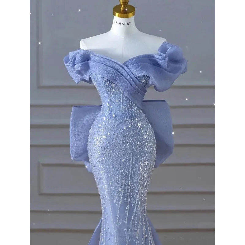 Woman's Dress High Dress Off-Shoulder Blue Evening Dress Light Luxury Niche Mermaid Sequin Host Elegant Party Dress