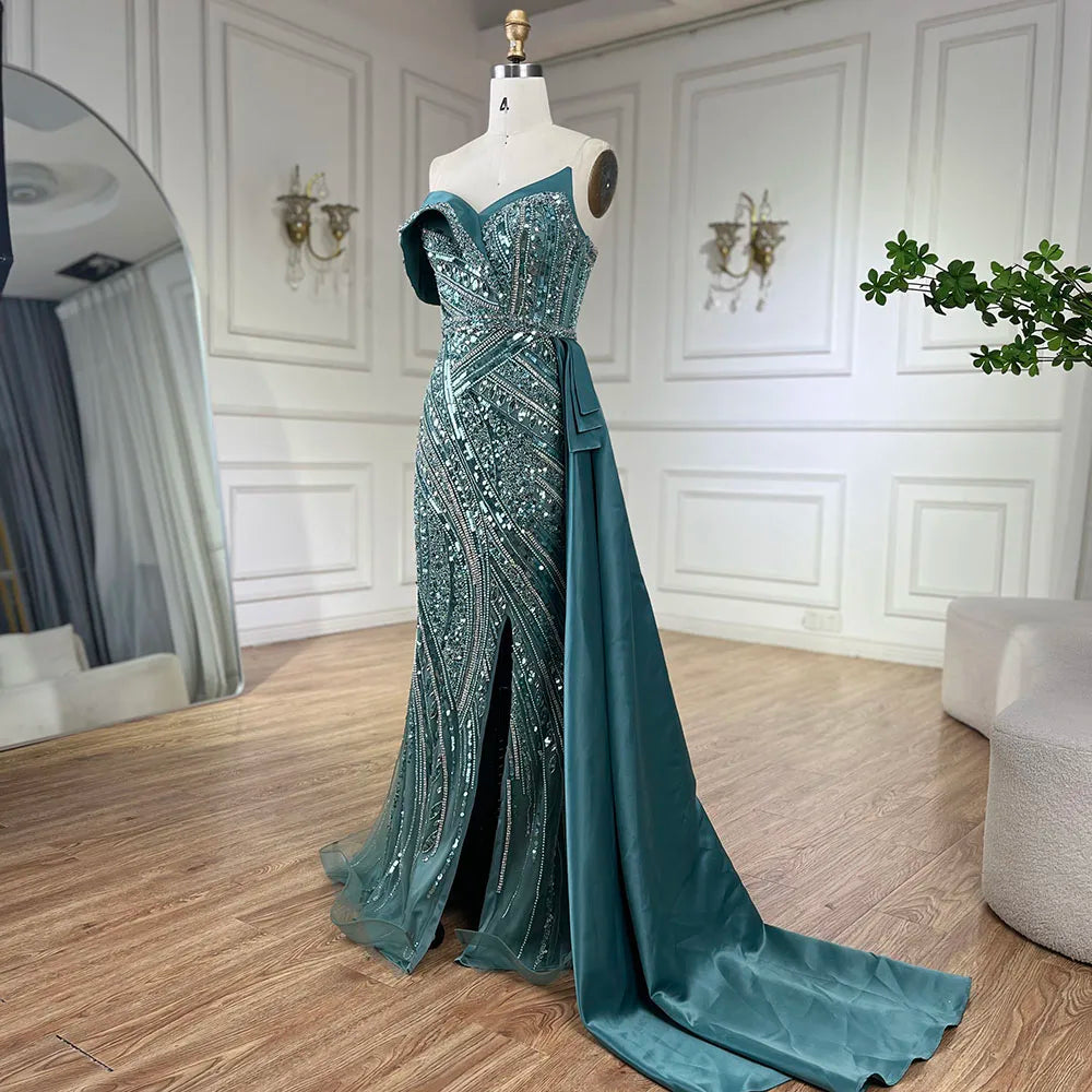 2025 Arabic Turquoise Beaded Evening Dresses  Dubai Elegant One Shoulder  Wedding Party Gowns LA72335  Customized