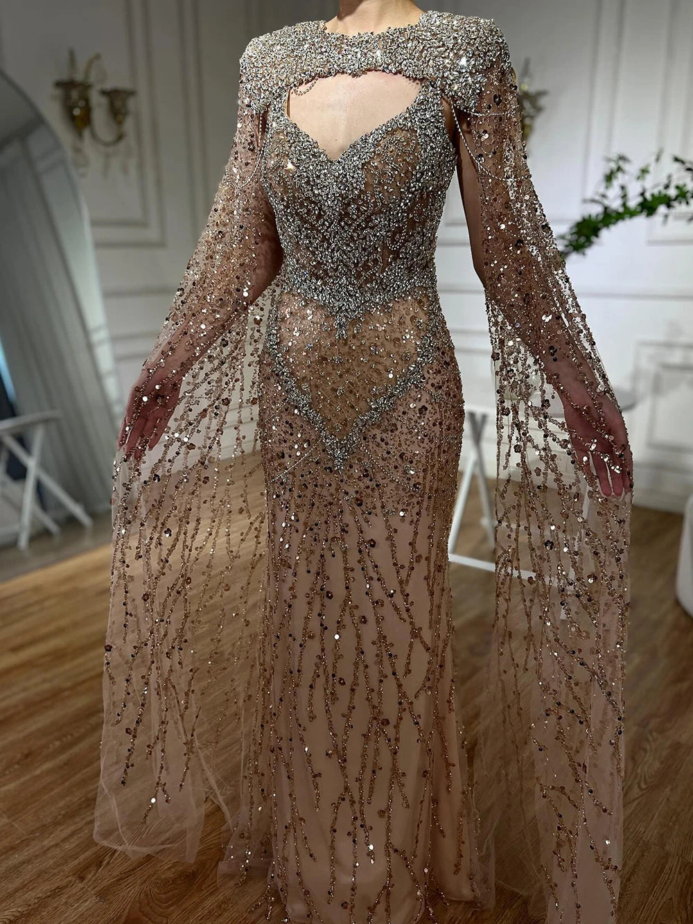 Serene Hill 2025 Nude Mermaid Evening Dress with Beaded Removable Cape Sleeves Gown for Formal Occasion LA72539 Customized