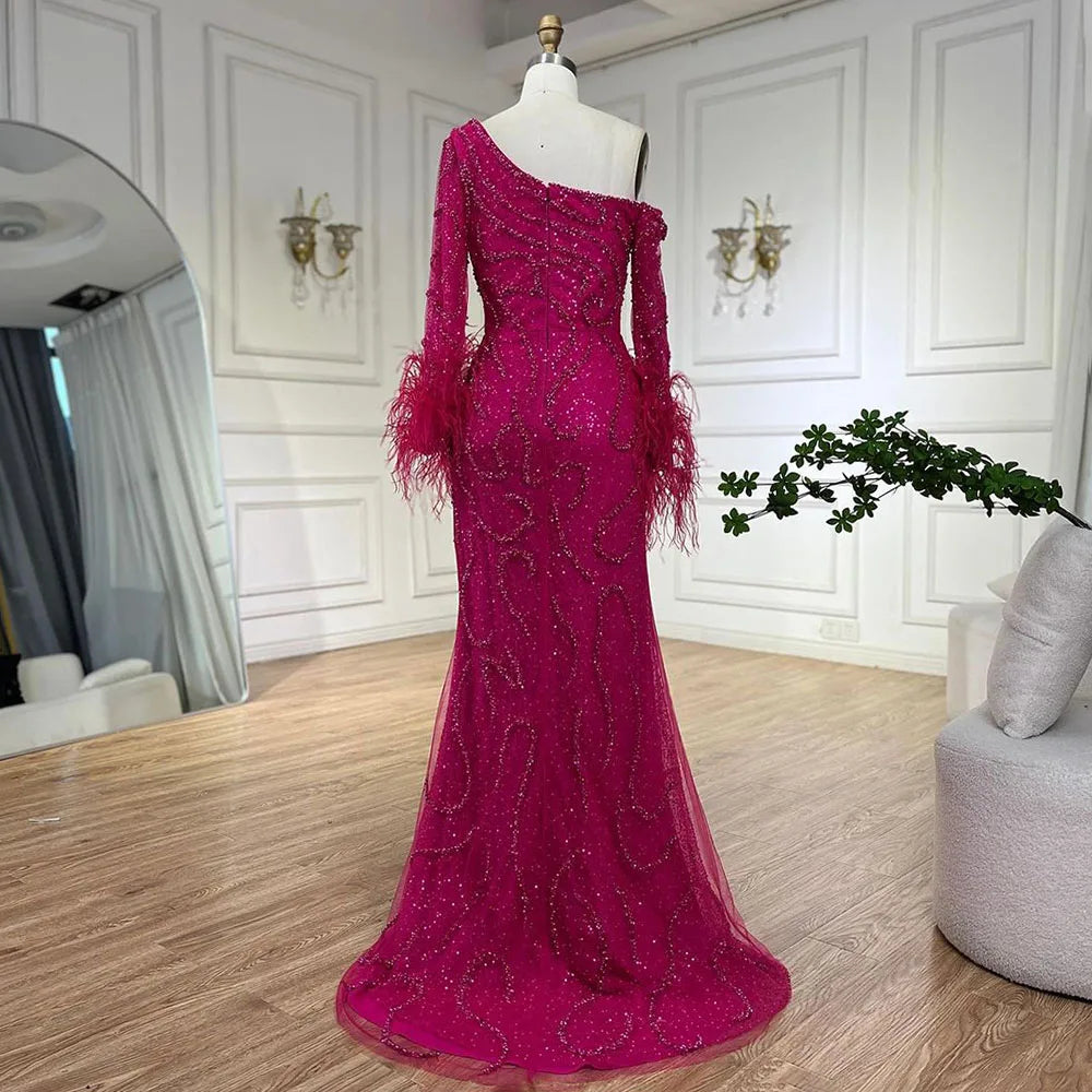 Serene Hill Blue Mermaid Elegant One-Shoulder Beaded Feathers  Evening Dress Gown for 's Wedding Party 2025 LA72395 Customized