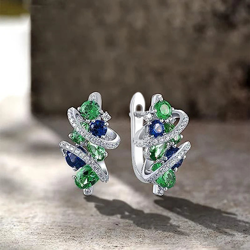 Huitan Green/Blue Cubic Zirconia Hoop Earrings for Women New Temperament Elegant Bridal Wedding Party Earrings Trendy Jewelry