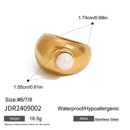 Uworld 18K Gold Color Plated Stainless Steel Flower Pearl Ring Irregular Opposite Sex Pearls Stackable Ring Women's Jewelry Part