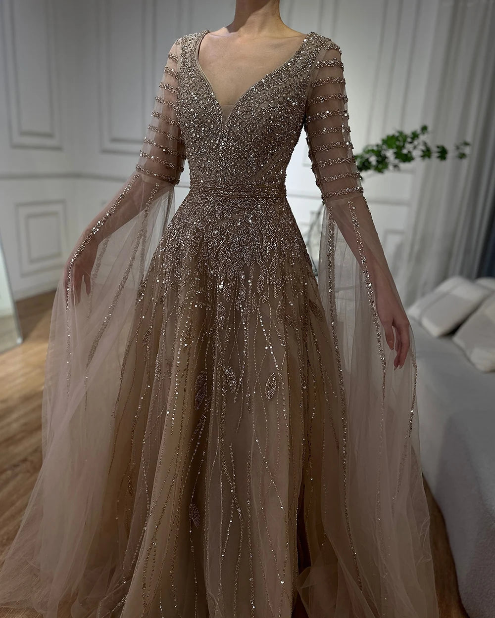 Customized 2025 Arabic Caramel Elegant A-Line Beaded Long Evening Dresses Gowns With Cape Sleeves For Formal Occasio LA72750