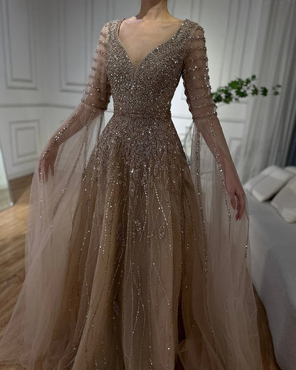 Customized 2025 Arabic Caramel Elegant A-Line Beaded Long Evening Dresses Gowns With Cape Sleeves For Formal Occasio LA72750