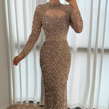 Luxury Caramel Beaded Evening Dress with High Neck Long Sleeves Mermaid Gown Serene Hill 2025 Customized LA71747A