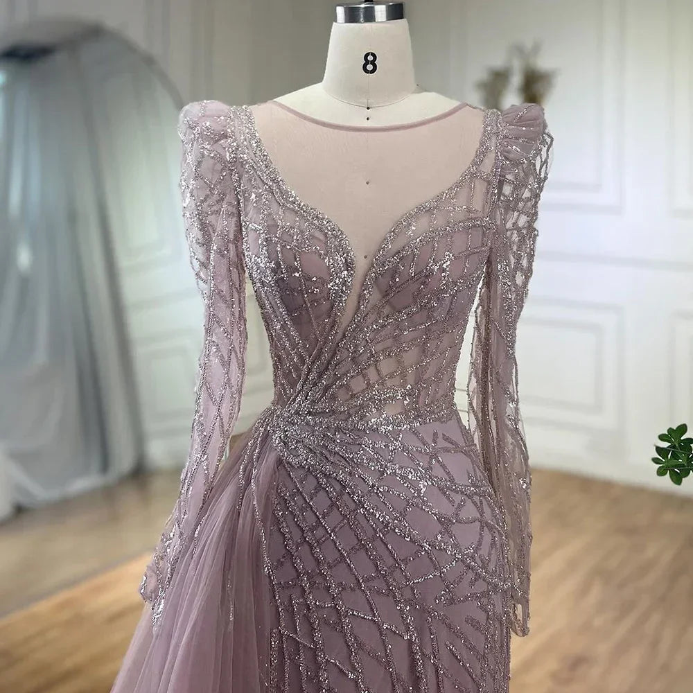 Serene Hill Muslim Gold Mermaid Beaded  Dubai Evening Dresses Gowns With Overskirt 2025 For  Party LA72206 Customized