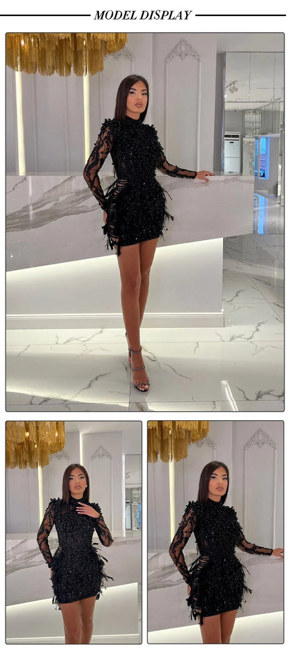 VC Black Long Sleeve Short Dress Turtle Neck Feather Pearl Embellished Handmade Beads Prom Celebrity Cocktail Party Evening Gown