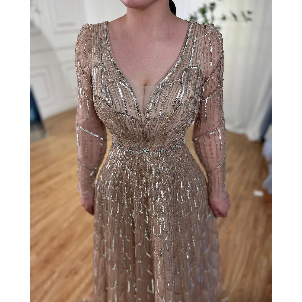 Serene Hill Muslim Designer  Caramel A Line Elegant Beaded Evening Dresses Gowns For Party 2025 LA71940 Customized