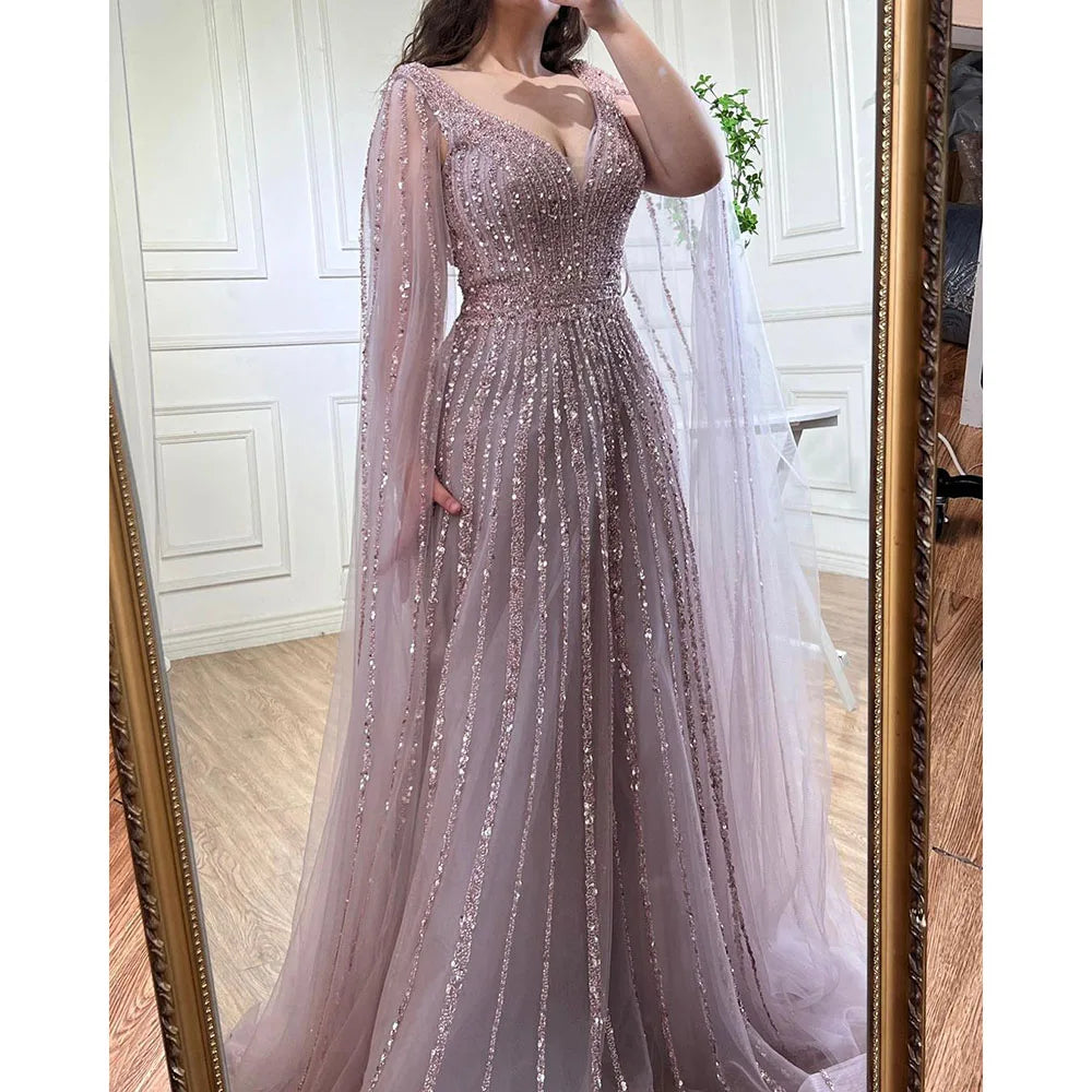 Nude Arabic Luxury Cape Sleeves Evening Dresses Gowns A-Line Beaded 2025 For Party LA71567 Customized