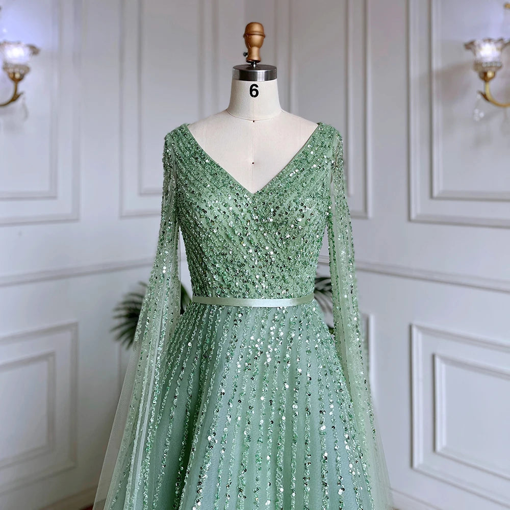 Serene Hill Mint Cape Sleeves A Line Beaded  Dubai Evening Dresses Long 2025 Celebrity Gowns For  Party LA71865 Customized