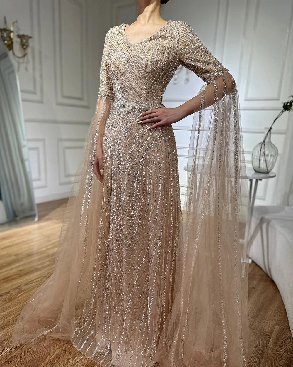 Serene Hill Customized 2025 Caramel A-Line Beaded Saudi Arabic Evening Dress with Cape Sleeves for Wedding Party LA72798
