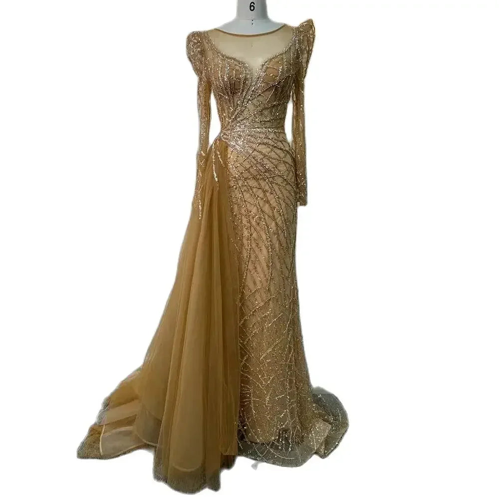 Serene Hill Muslim Gold Mermaid Beaded  Dubai Evening Dresses Gowns With Overskirt 2025 For  Party LA72206 Customized