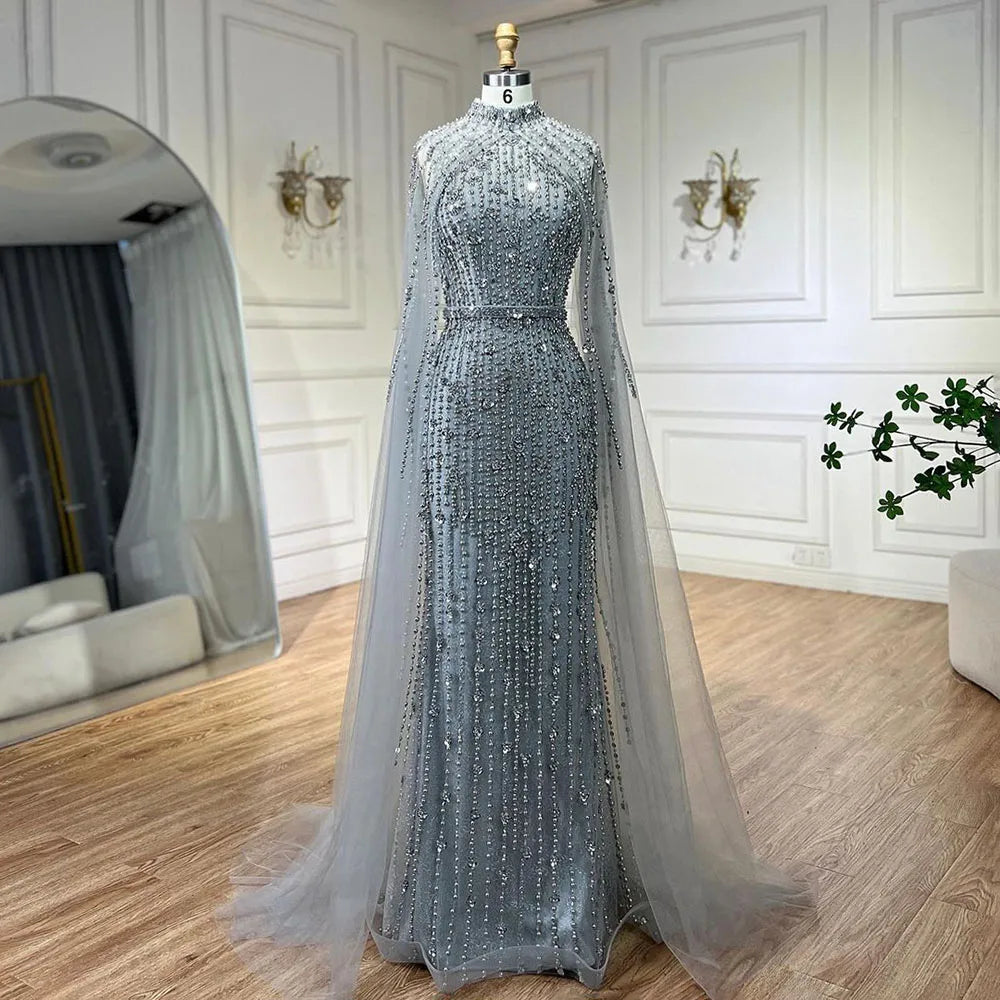 Muslim Nude Mermaid Cape Sleeves Pearls Beaded Luxury Dubai Evening Dresses Gowns 2025 Wedding Party LA72372 Customized