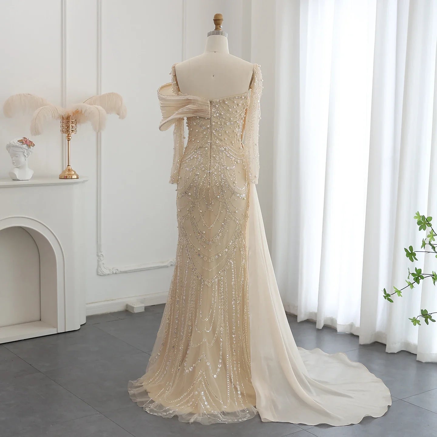 Sharon Said Nude Luxury Crystal Mermaid Evening Dress with Overskirt Long Sleeve Dubai Wedding Formal Prom Gown SS256 Customized