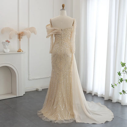 Sharon Said Nude Luxury Crystal Mermaid Evening Dress with Overskirt Long Sleeve Dubai Wedding Formal Prom Gown SS256 Customized