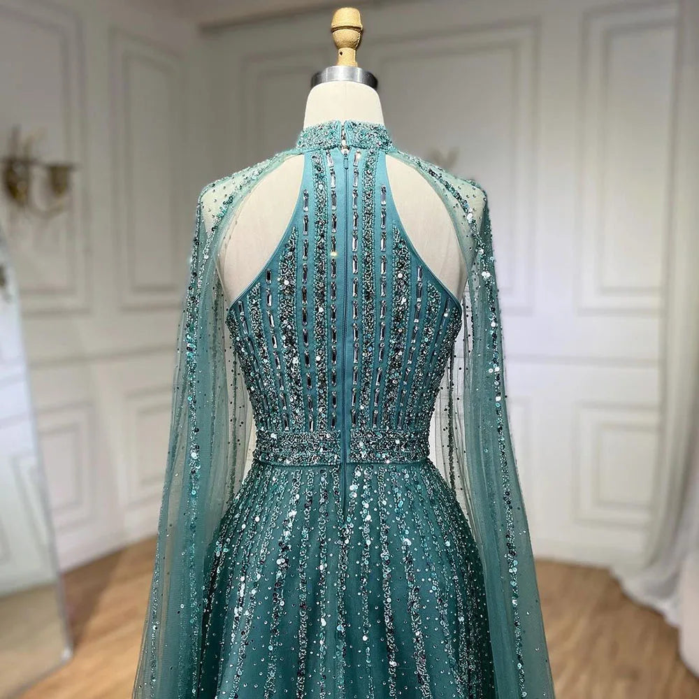 Serene Hill Arabic Turquoise A Line Cape Sleeve Beaded   Evening Dresses Gowns For Occasion 2025 LA72306A Customized
