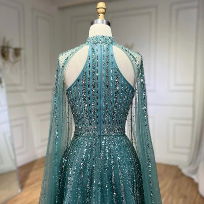 Serene Hill Arabic Turquoise A Line Cape Sleeve Beaded   Evening Dresses Gowns For Occasion 2025 LA72306A Customized