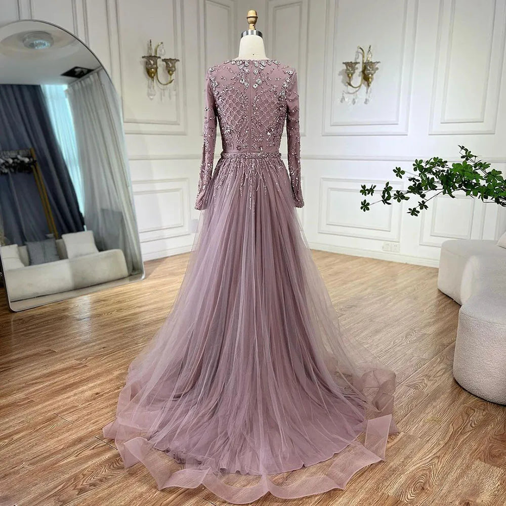 Serene Hill Muslim Silver Nude Mermaid Gown with Detachable Overskirt Beaded Evening Dress for Women Wedding Party 2025 LA71919