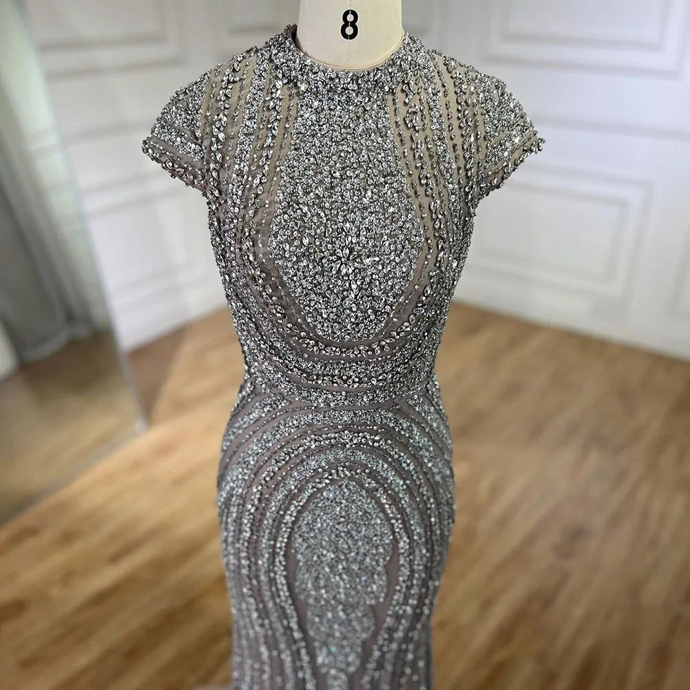 2025 Arabic Dubai Gray Nude Mermaid Floor Length Beaded Luxury Evening Dresses Gowns For Wedding Party LA72344 Customized