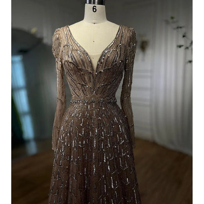 Serene Hill Muslim Designer  Caramel A Line Elegant Beaded Evening Dresses Gowns For Party 2025 LA71940 Customized