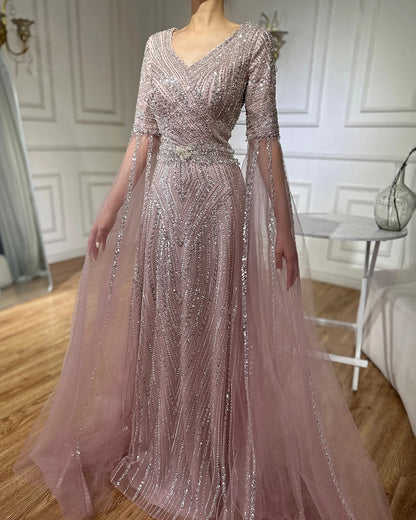 Serene Hill Customized 2025 Caramel A-Line Beaded Saudi Arabic Evening Dress with Cape Sleeves for Wedding Party LA72798