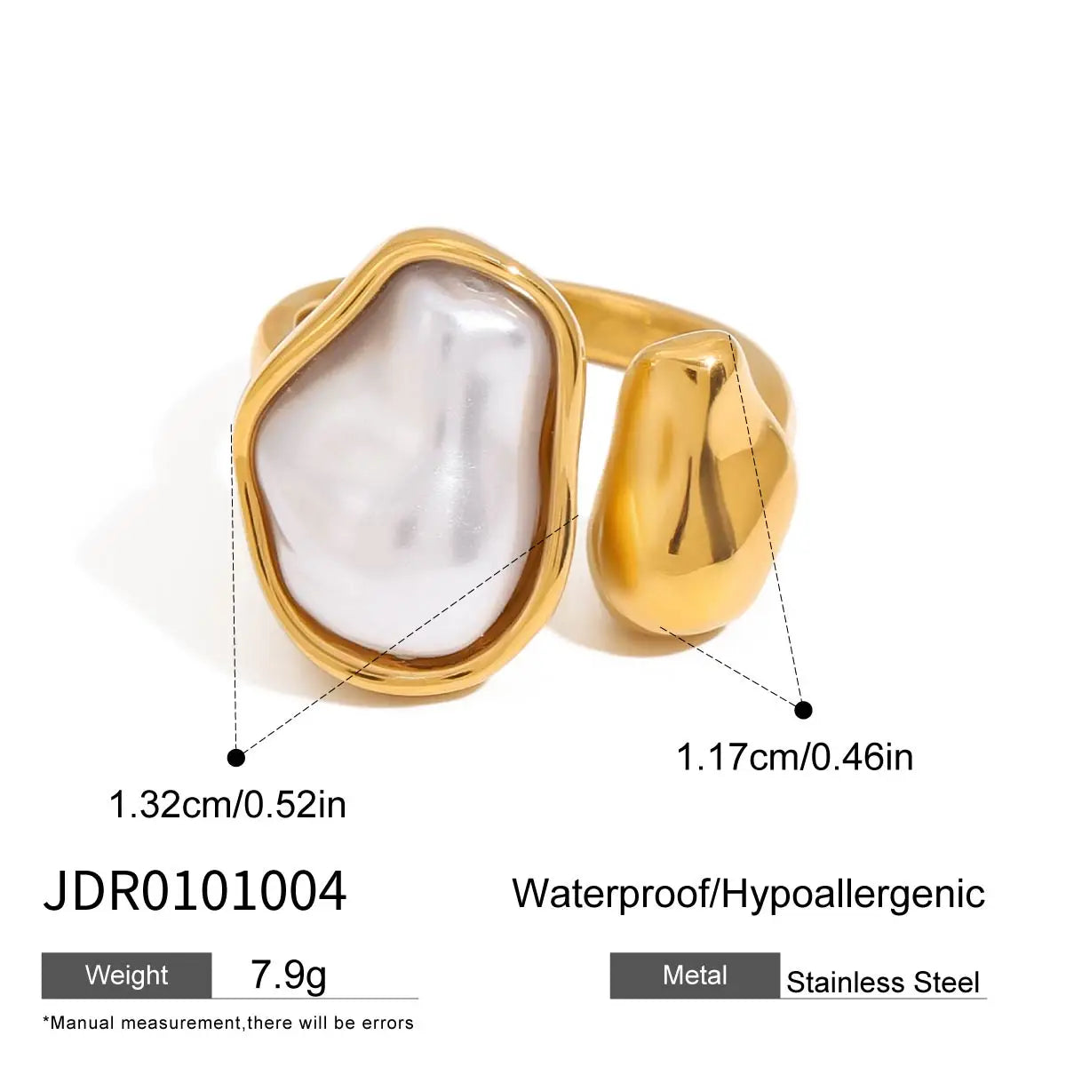 Zora Women's Fashion Elegant Pearl Open Ring 18K Gold-plated Stainless Steel Ring Jewelry for Party Vacation