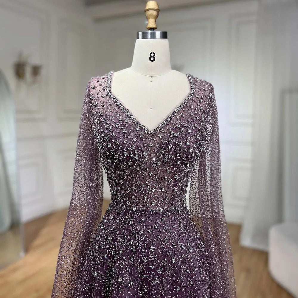 Serene Hill 2025 Customized Saudi Arabic Caramel Beaded Cape Sleeves A Line Evening Dresses For Formal Occasion LA72147A