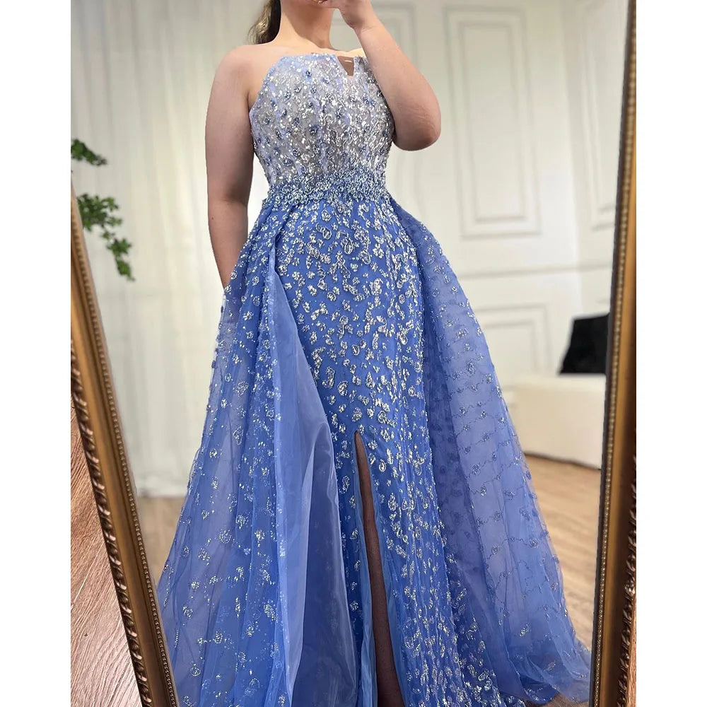 Serene Hill Blue Mermaid High Split With Skirt Sweetheart Strapless Beaded Party Dresses  Women Evening 2025 LA71796 Customized