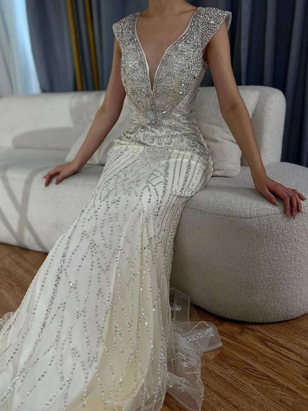Customized Dubai Caramel Elegant Sleeveles Mermaid Beaded Arabic Evening Dresses Gowns For Women Wedding Party 2025 LA72456