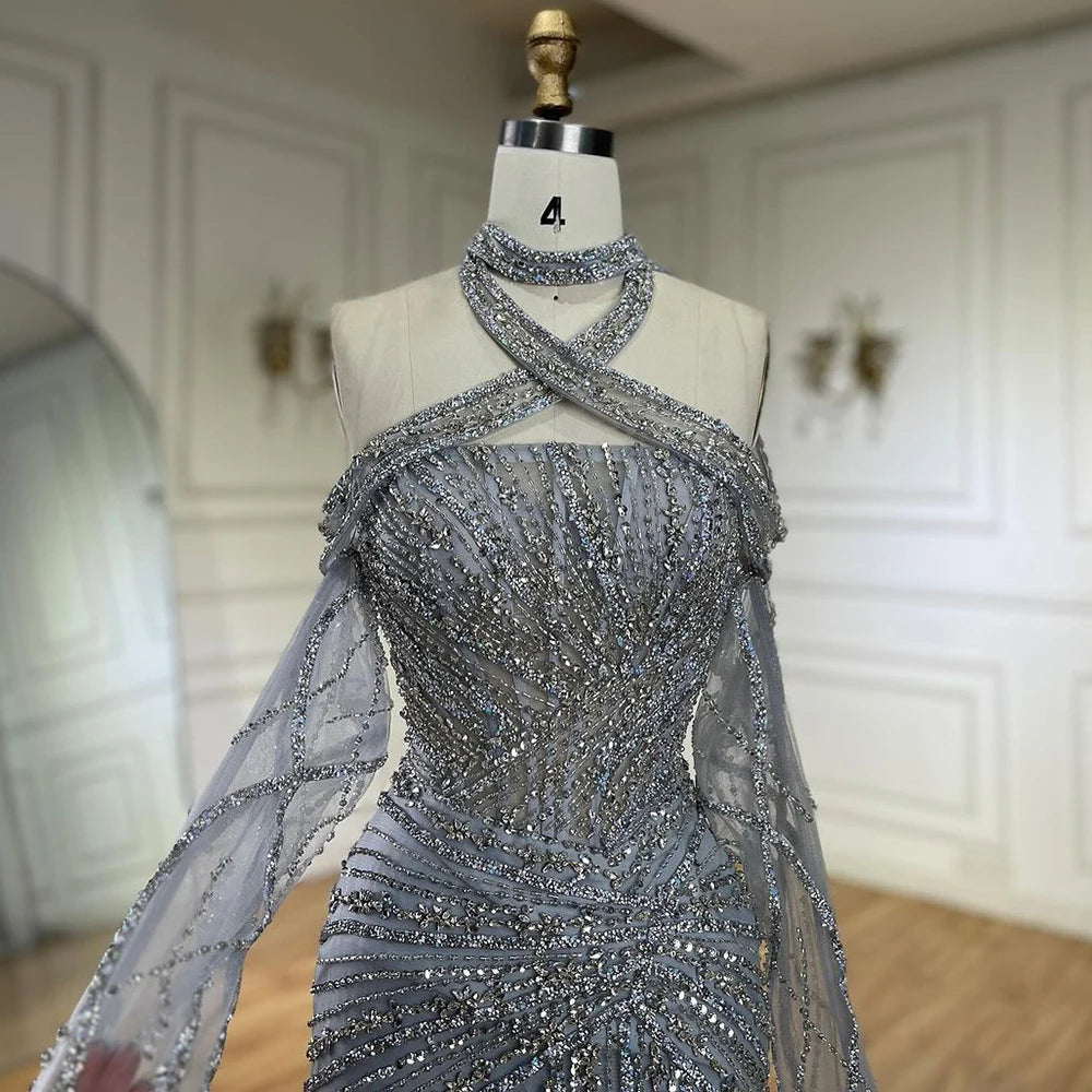 Serene Hill Arabic Gray Decorative Halter Mermaid Evening Dresses Beaded Dress For Formal Occasion LA72651 Customized 2025
