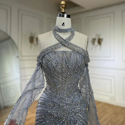 Serene Hill Arabic Gray Decorative Halter Mermaid Evening Dresses Beaded Dress For Formal Occasion LA72651 Customized 2025