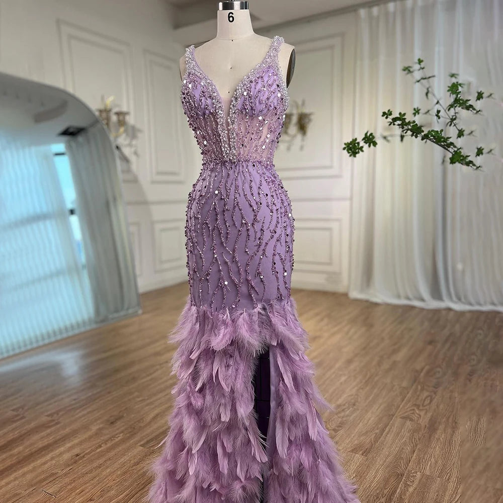 Serene Hill Pink Mermaid High Split Evening Dresses Feather Beaded Gowns Long 2025 For Women Wedding Party LA72152 Customized