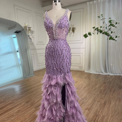 Serene Hill Pink Mermaid High Split Evening Dresses Feather Beaded Gowns Long 2025 For Women Wedding Party LA72152 Customized