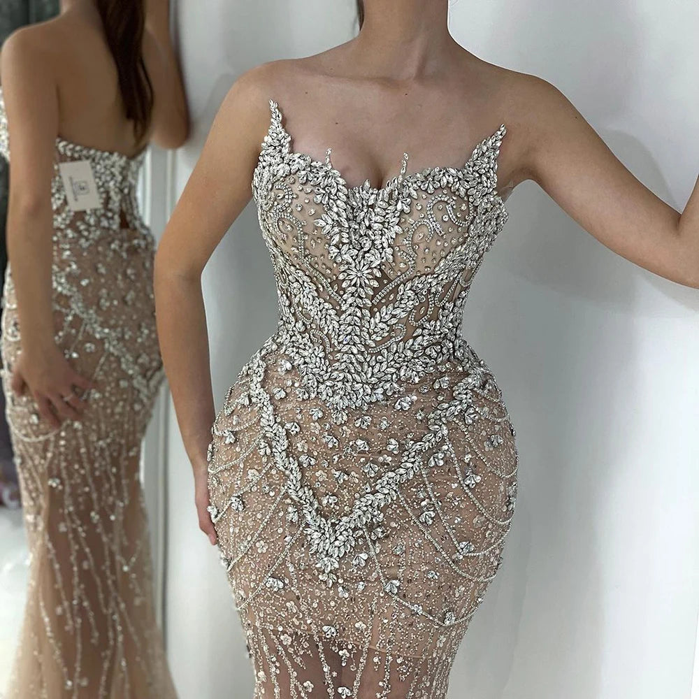 Serene Hill 2025 Nude Mermaid Evening Dress with Beaded Removable Cape Sleeves Gown for Formal Occasion LA72539 Customized