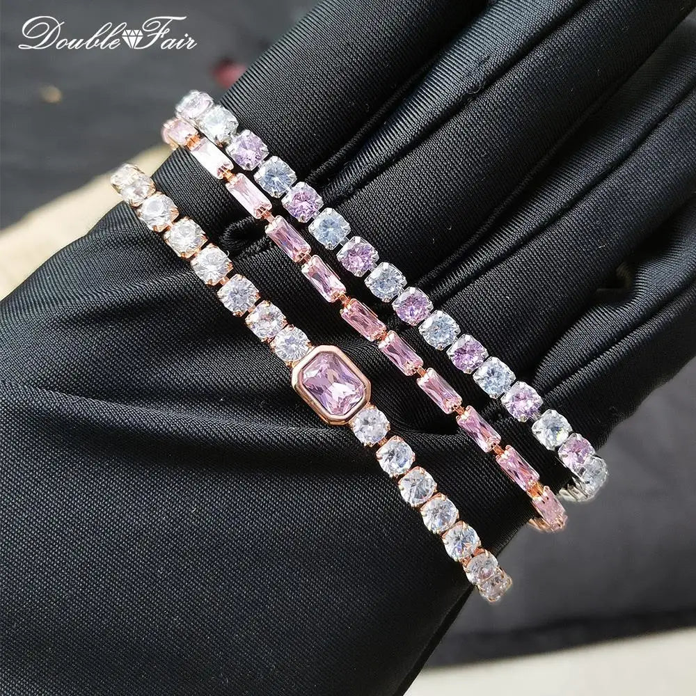 Romantic Pink Crystal Tennis Bracelets for Female Women Trend Shiny Zirconia Adjustable Folding Buckle Chain on Hand Jewelry