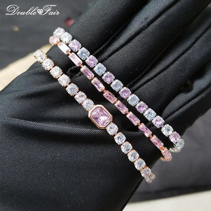 Romantic Pink Crystal Tennis Bracelets for Female Women Trend Shiny Zirconia Adjustable Folding Buckle Chain on Hand Jewelry