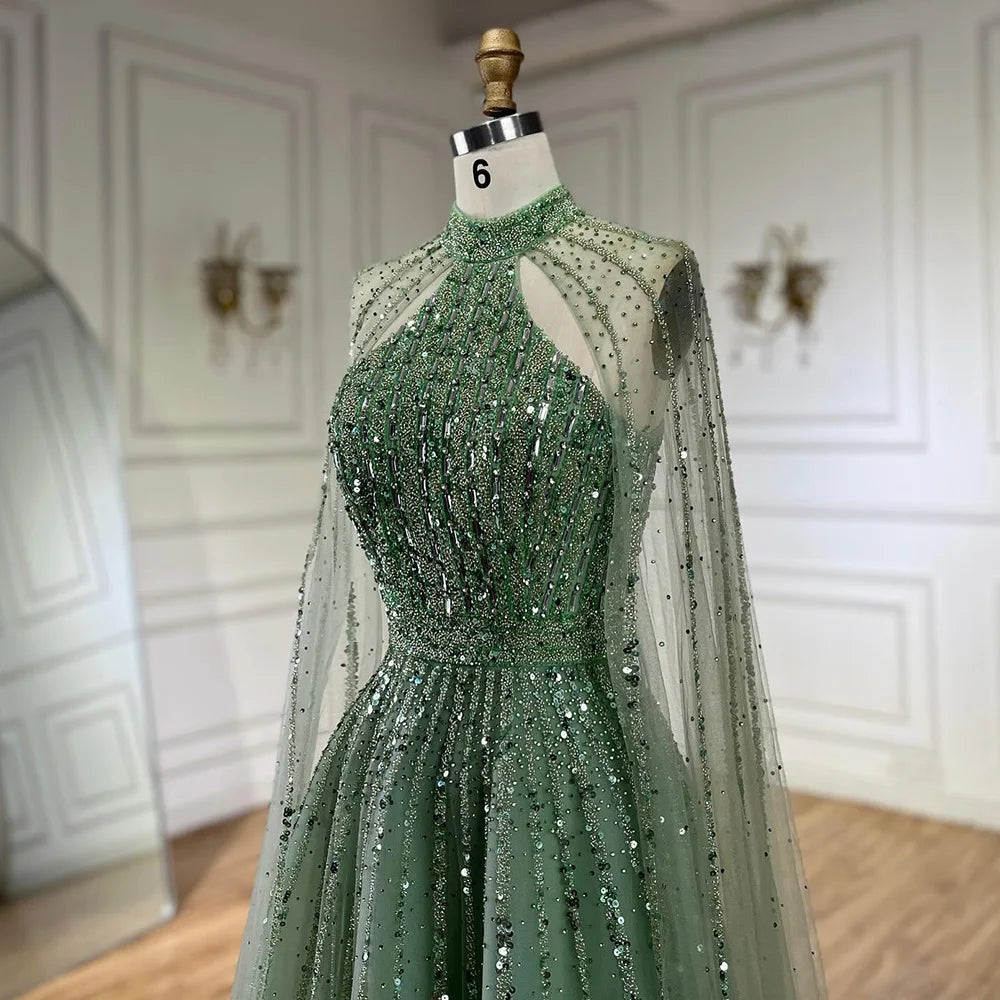 Serene Hill Arabic Turquoise A Line Cape Sleeve Beaded   Evening Dresses Gowns For Occasion 2025 LA72306A Customized