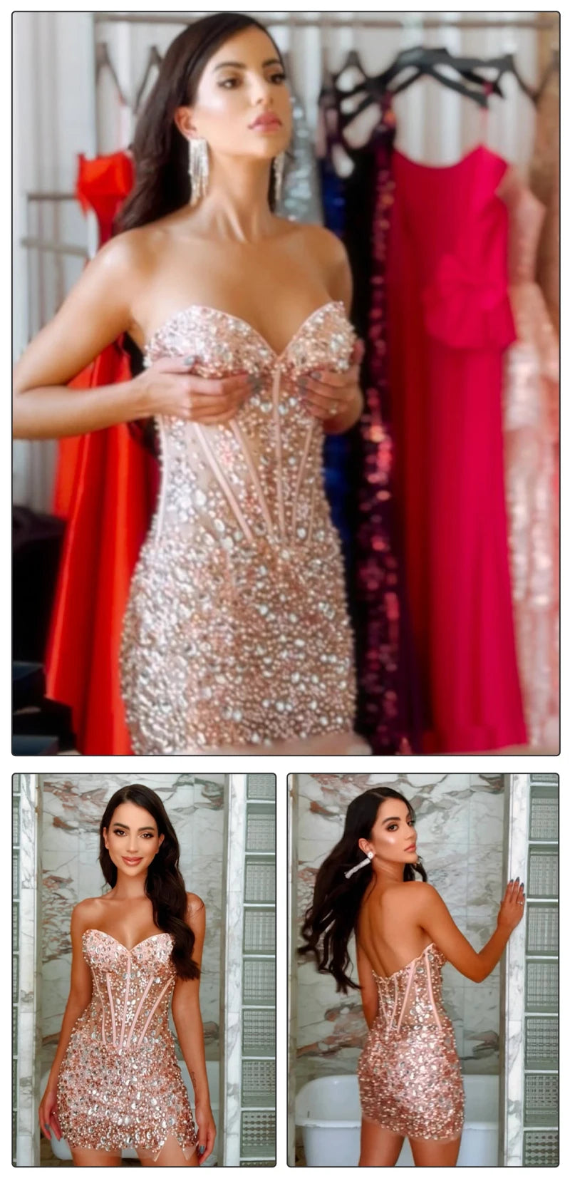VC Sweetheart Beaded Sequins Sparkly Sheath Short Dress Strapless Tube Crystals Embellished Cocktail Party Evening Outfits