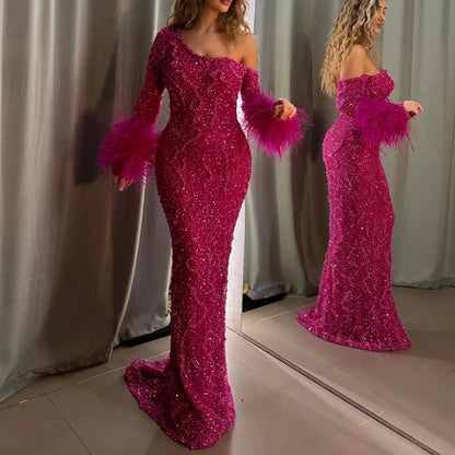 Serene Hill Blue Mermaid Elegant One-Shoulder Beaded Feathers  Evening Dress Gown for 's Wedding Party 2025 LA72395 Customized