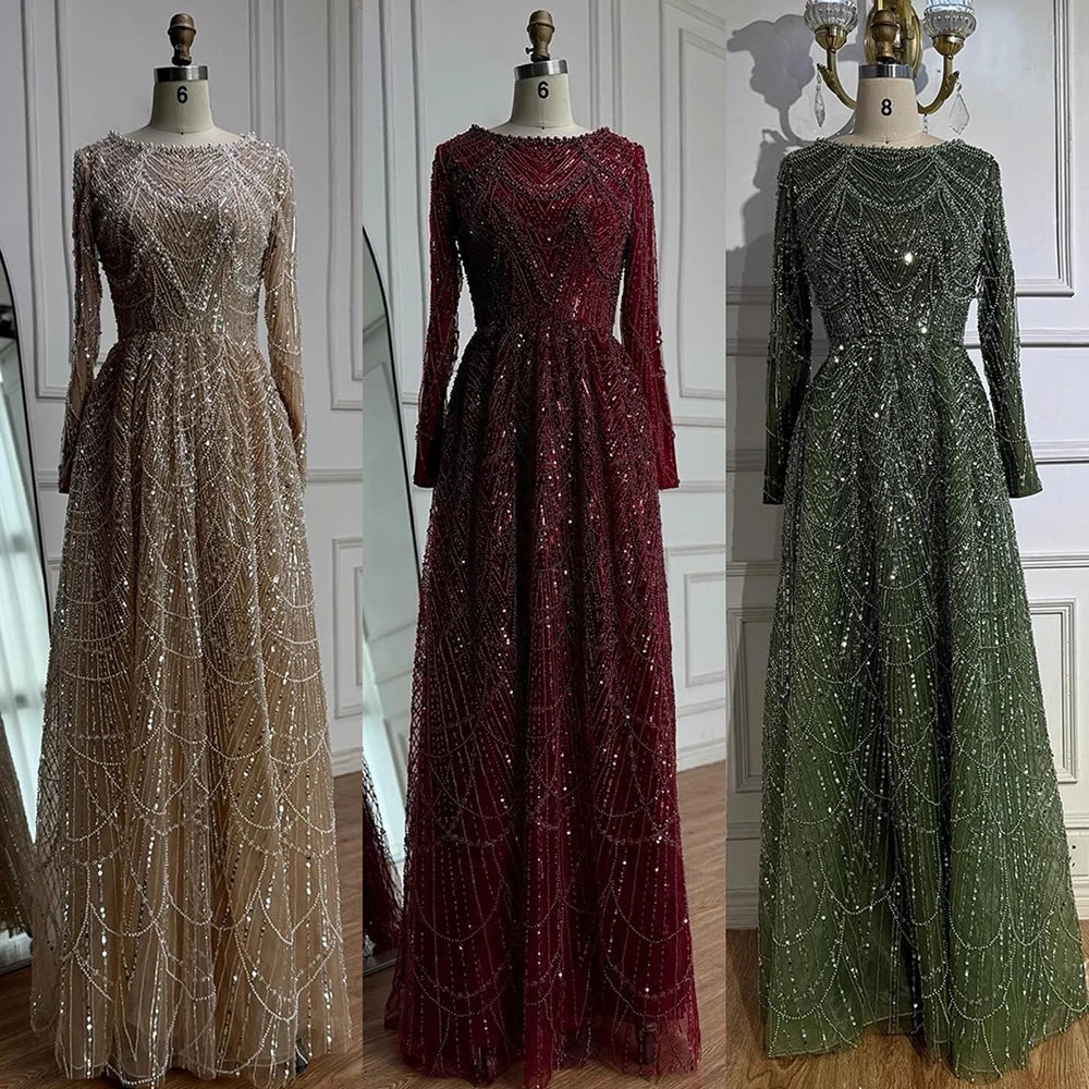 Luxury Olive Green Long Sleeve Beaded A Line Evening Gown for Wedding Party Prom Serene Hill 2025 Customized LA72738B Plus Size