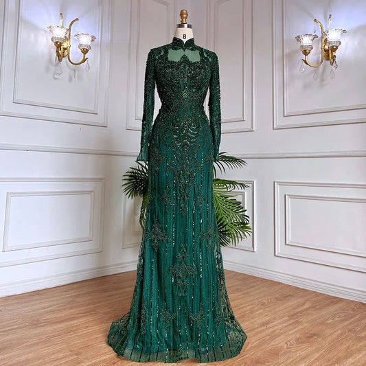 Serene Hill Muslim Green Mermaid Lace Beaded Crystal Luxury Dubai Evening Dresses Gowns For  Party 2025 LA71983 Customized