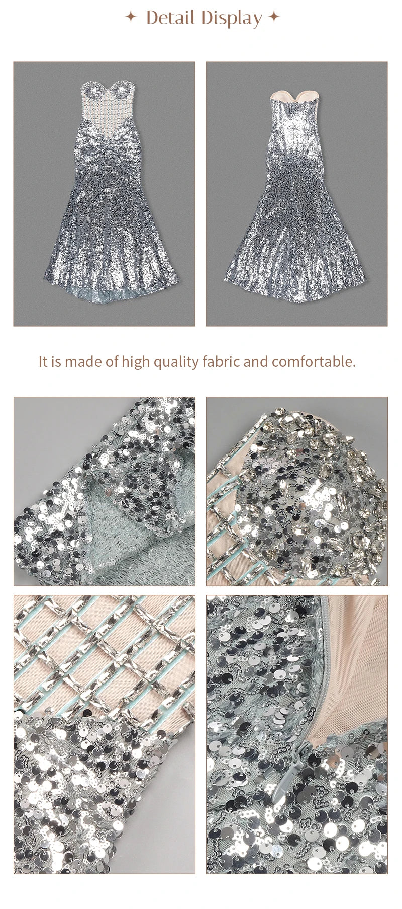 VC Glamorous Silver Sequin Sleeveless Strapless Mermaid Dress for Galas Party Wedding Evening Gown