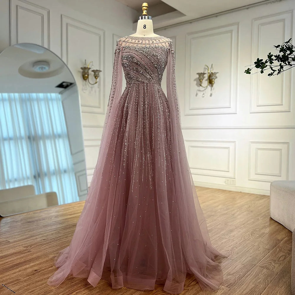 Luxury Caramel Evening Dress with Cape Long Sleeve Beaded Formal Gown for  Occasion Serene Hill 2025 LA72994 Customized