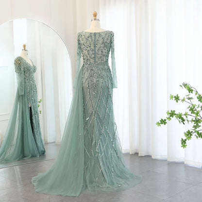 Sharon Said Turquoise Green Meramid Long Sleeves Evening Dress with Overskirt Slit Luxury for Wedding Party SS181 Customized