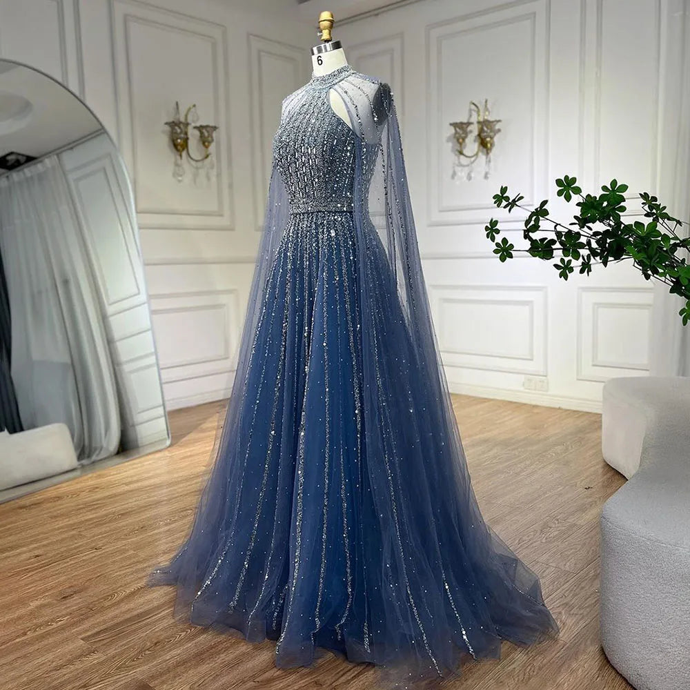 Serene Hill Arabic Turquoise A Line Cape Sleeve Beaded   Evening Dresses Gowns For Occasion 2025 LA72306A Customized