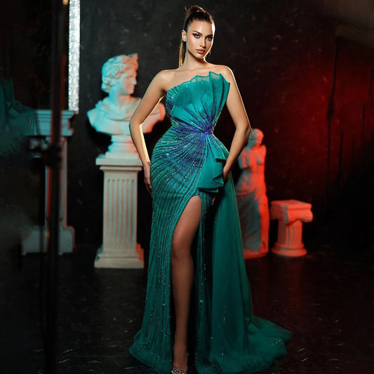 Serene Hill Dubai Green Beaded Mermaid High Split Evening Dresses 2025 Prom  For Party LA72090 Customized