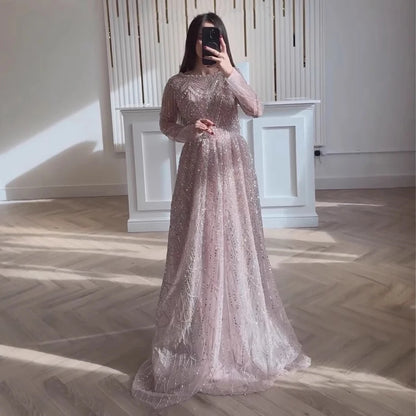 Luxury Olive Green Long Sleeve Beaded A Line Evening Gown for Wedding Party Prom Serene Hill 2025 Customized LA72738B Plus Size