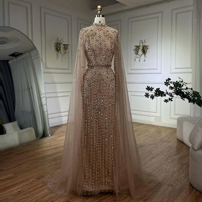 Muslim Nude Mermaid Cape Sleeves Pearls Beaded Luxury Dubai Evening Dresses Gowns 2025 Wedding Party LA72372 Customized