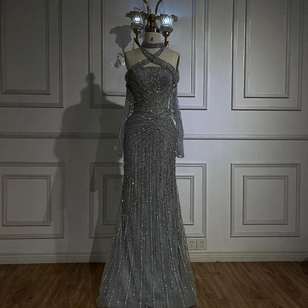Serene Hill Arabic Gray Decorative Halter Mermaid Evening Dresses Beaded Dress For Formal Occasion LA72651 Customized 2025